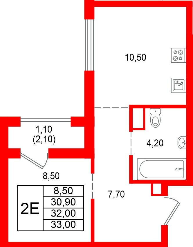 Квартира в ЖК Альпенштадт, 1 комнатная, 32 м², 2 этаж