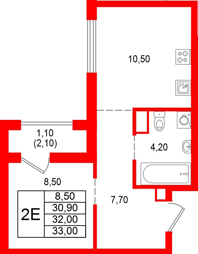 Квартира в ЖК Альпенштадт, 1 комнатная, 32 м², 7 этаж