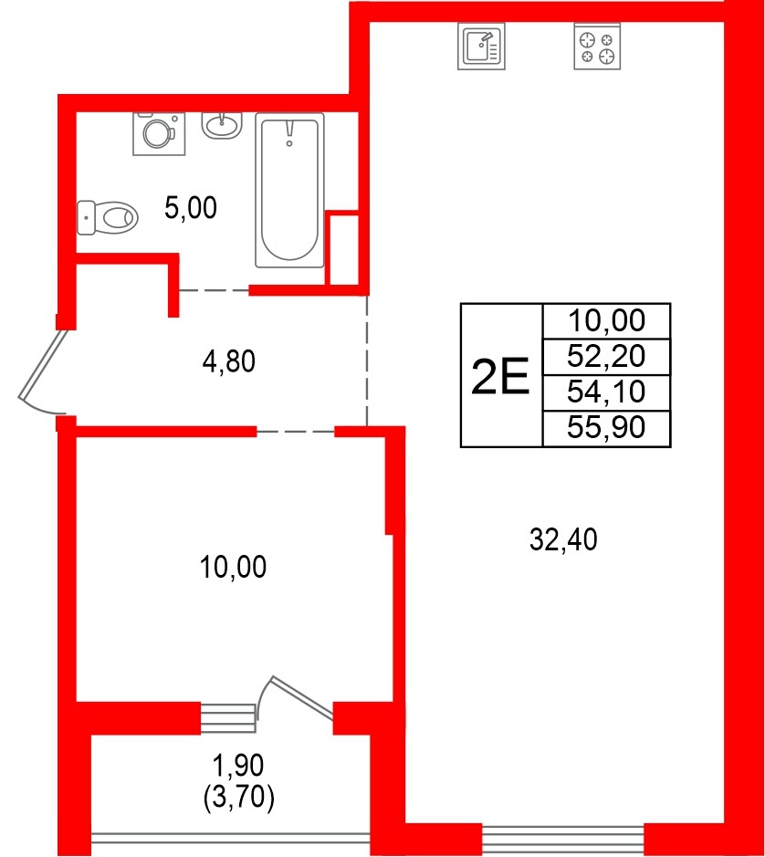 Квартира в ЖК Альпенштадт, 1 комнатная, 54.1 м², 1 этаж