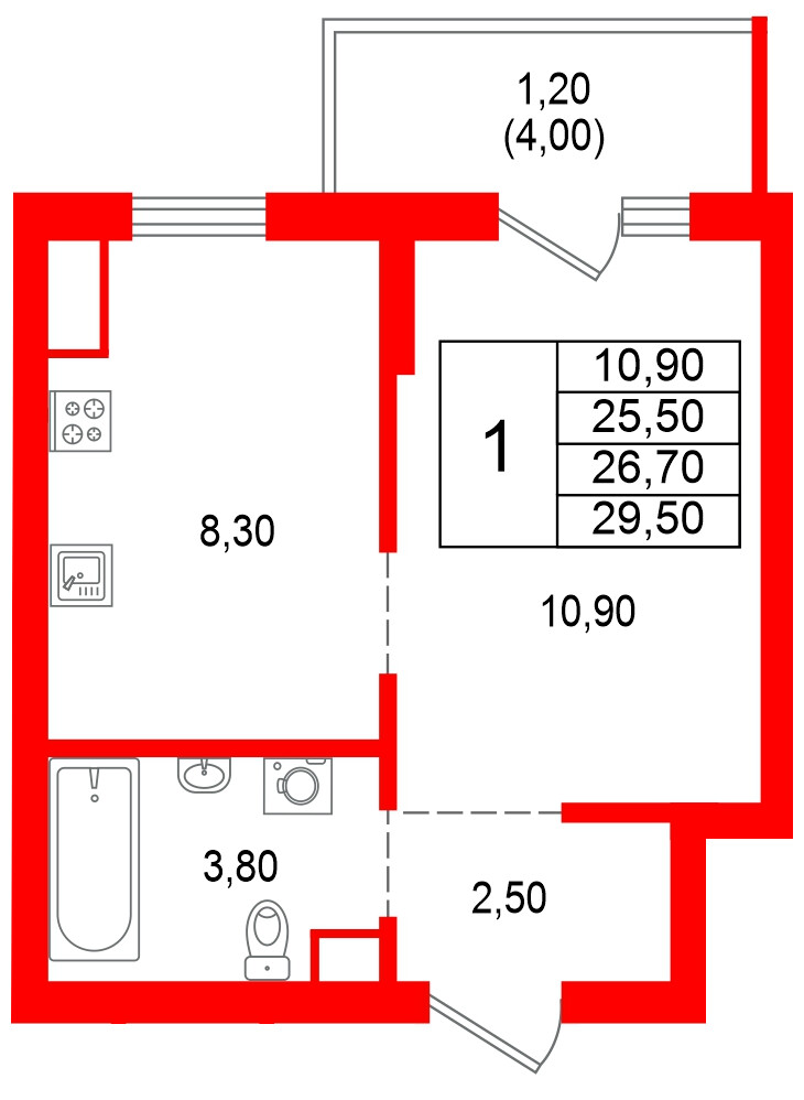 Квартира в ЖК Альпенштадт, 1 комнатная, 26.7 м², 4 этаж