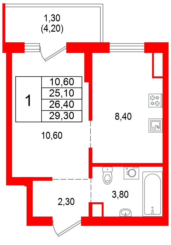 Квартира в ЖК Альпенштадт, 1 комнатная, 26.4 м², 5 этаж