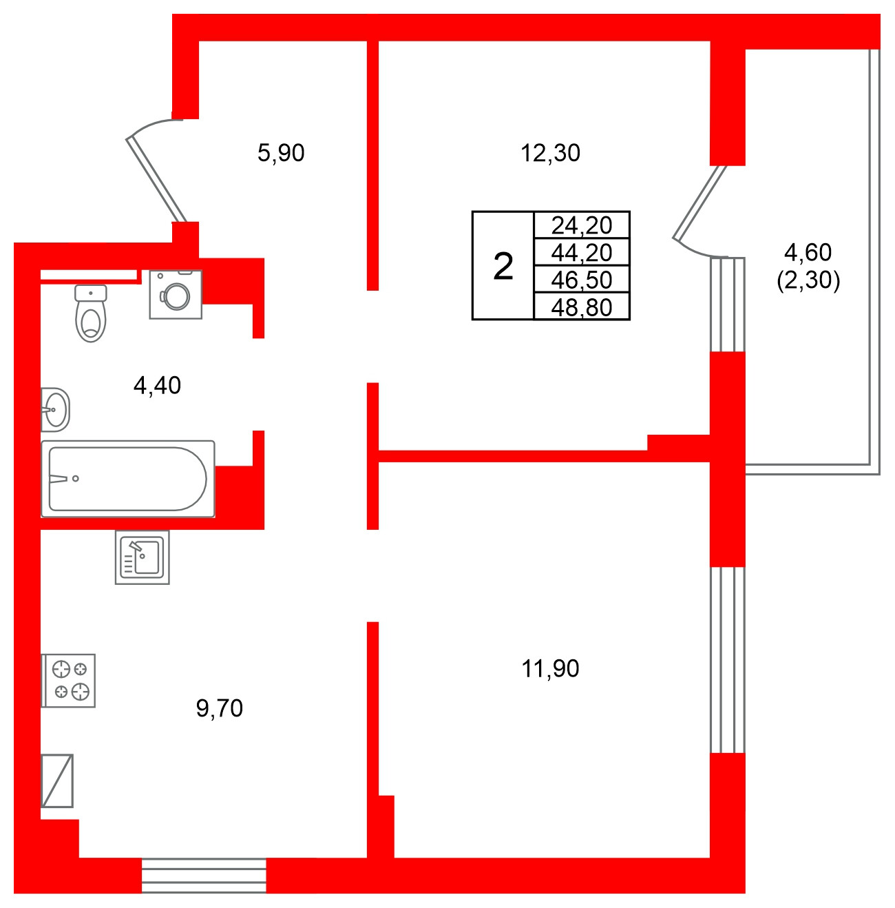 Квартира в ЖК Виридиан, 2 комнатная, 46.5 м², 3 этаж