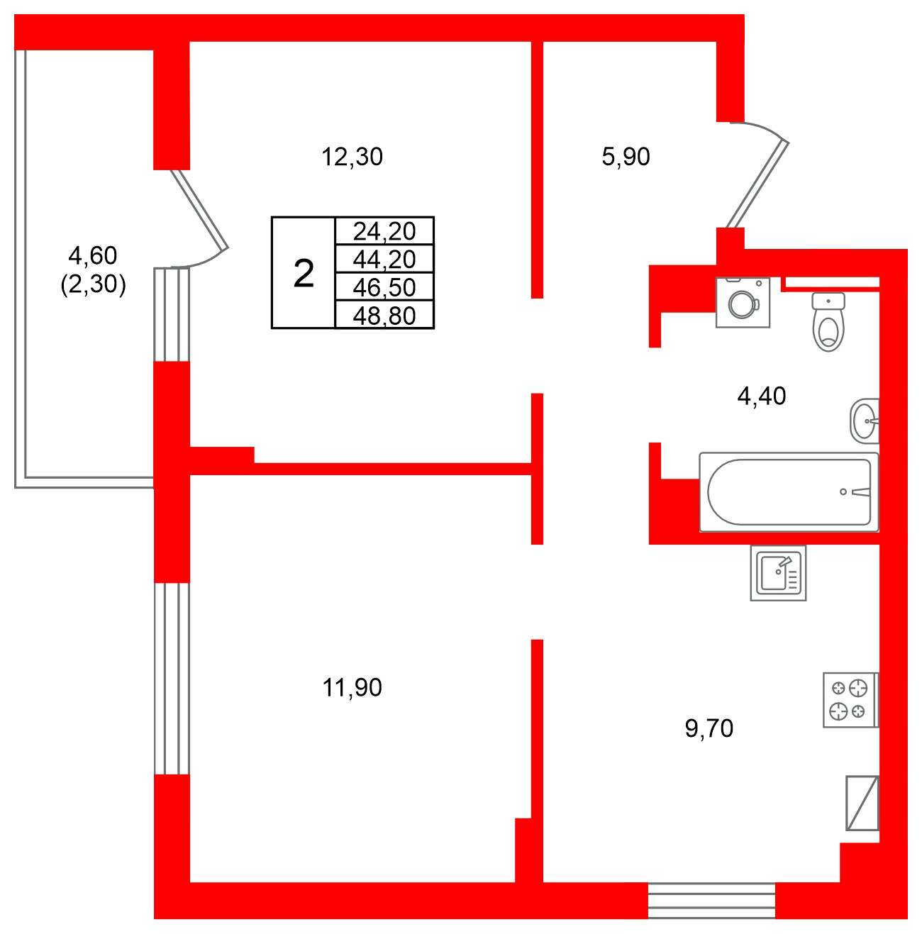 Квартира в ЖК Виридиан, 2 комнатная, 46.5 м², 3 этаж