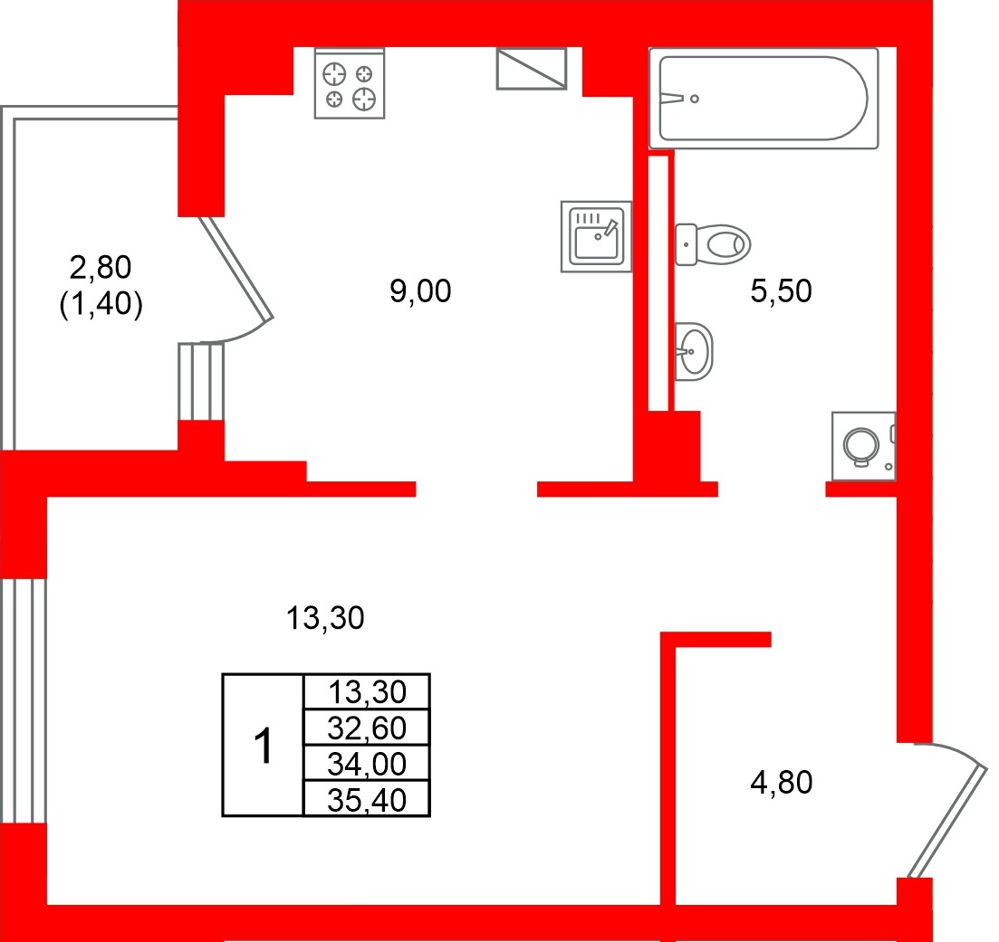 Квартира в ЖК Виридиан, 1 комнатная, 34 м², 3 этаж