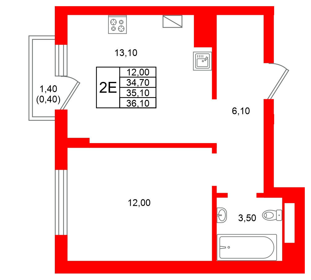Квартира в ЖК Виридиан, 1 комнатная, 35.1 м², 3 этаж