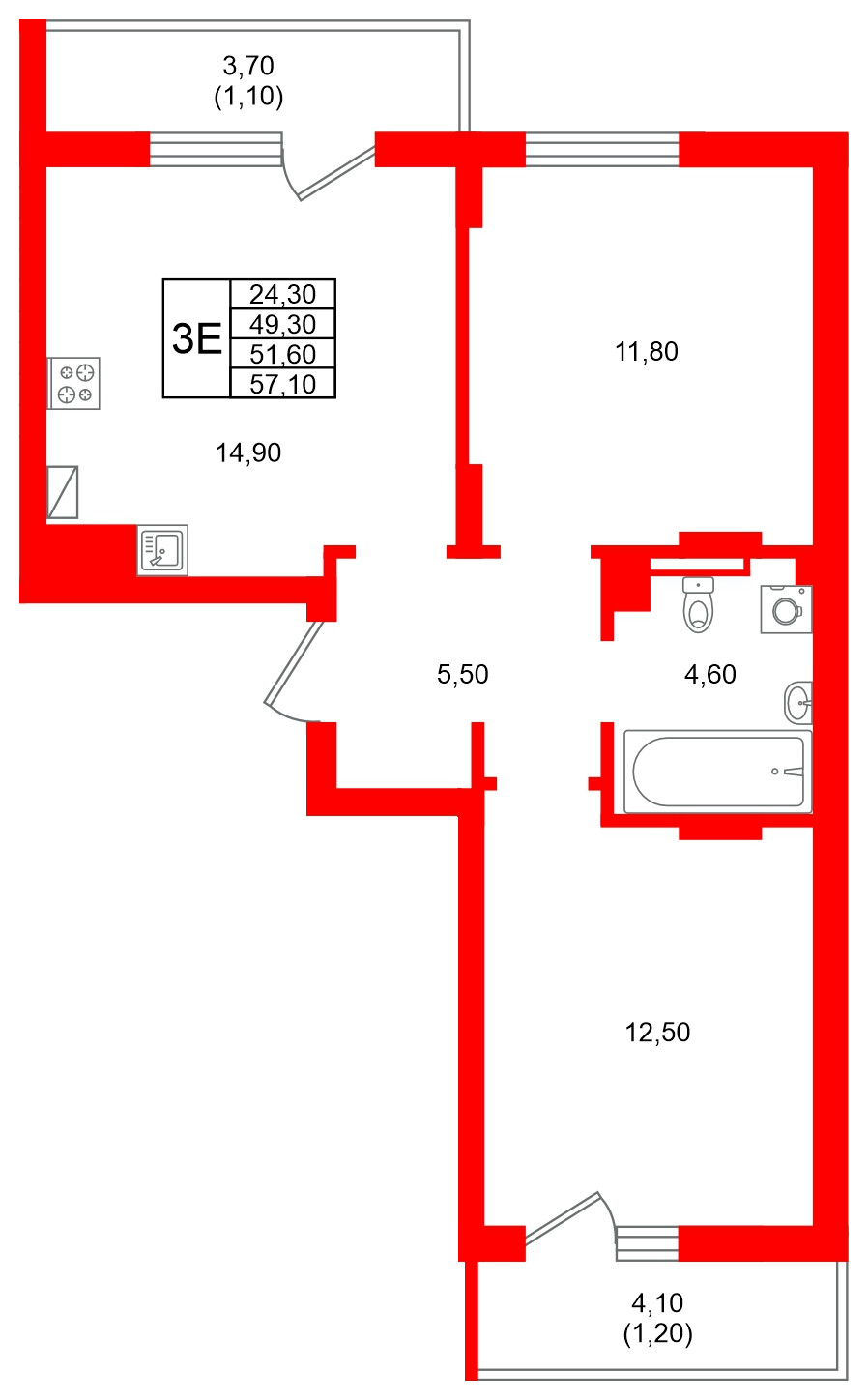 Квартира в ЖК Виридиан, 2 комнатная, 51.6 м², 4 этаж