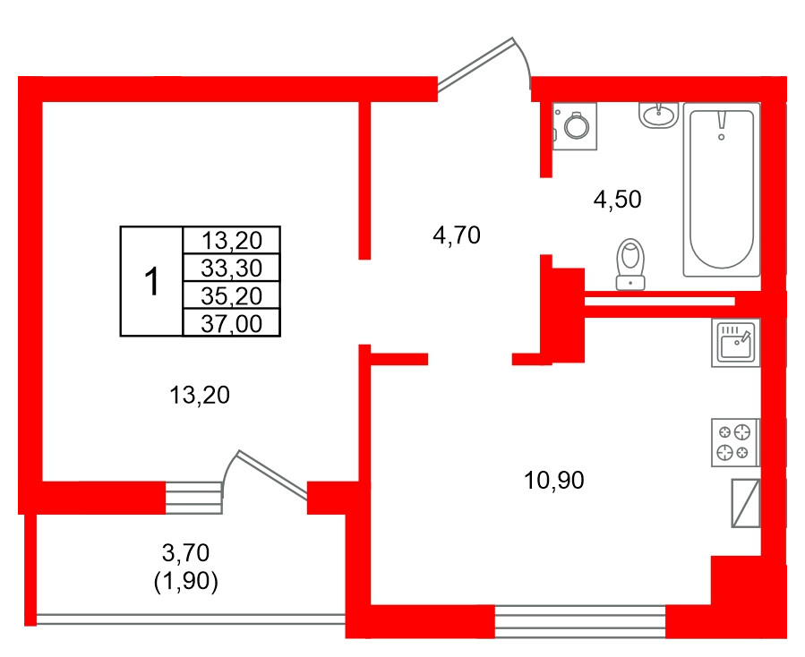 Квартира в ЖК Виридиан, 1 комнатная, 35.2 м², 4 этаж