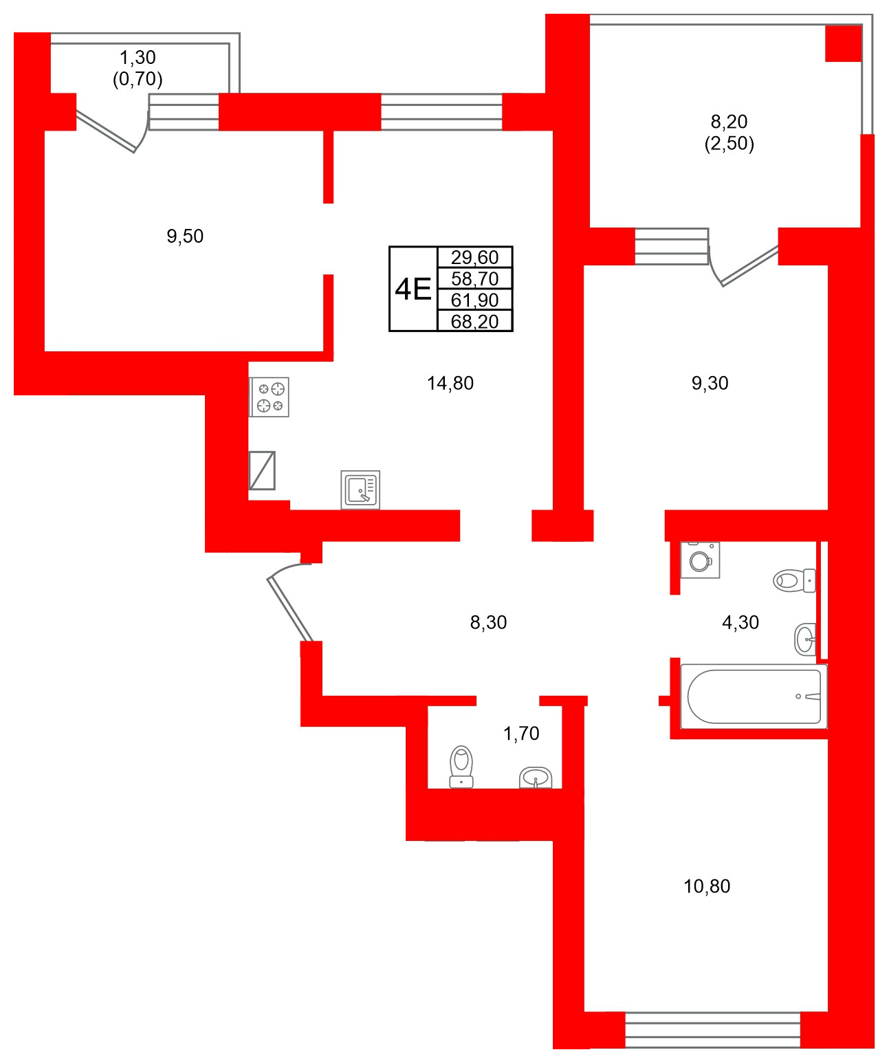 Квартира в ЖК Виридиан, 3 комнатная, 61.9 м², 2 этаж