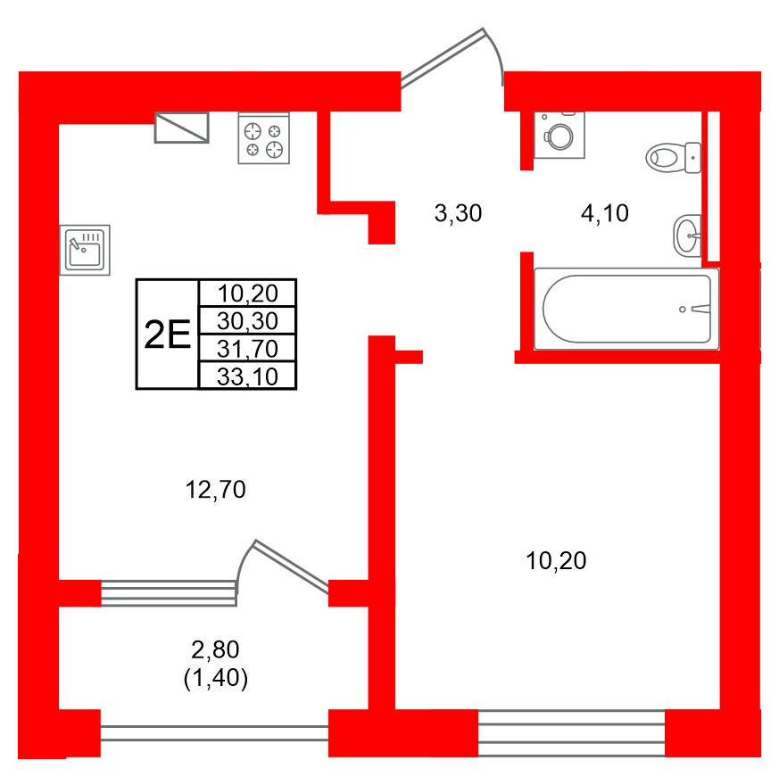 Квартира в ЖК Виридиан, 1 комнатная, 31.7 м², 2 этаж