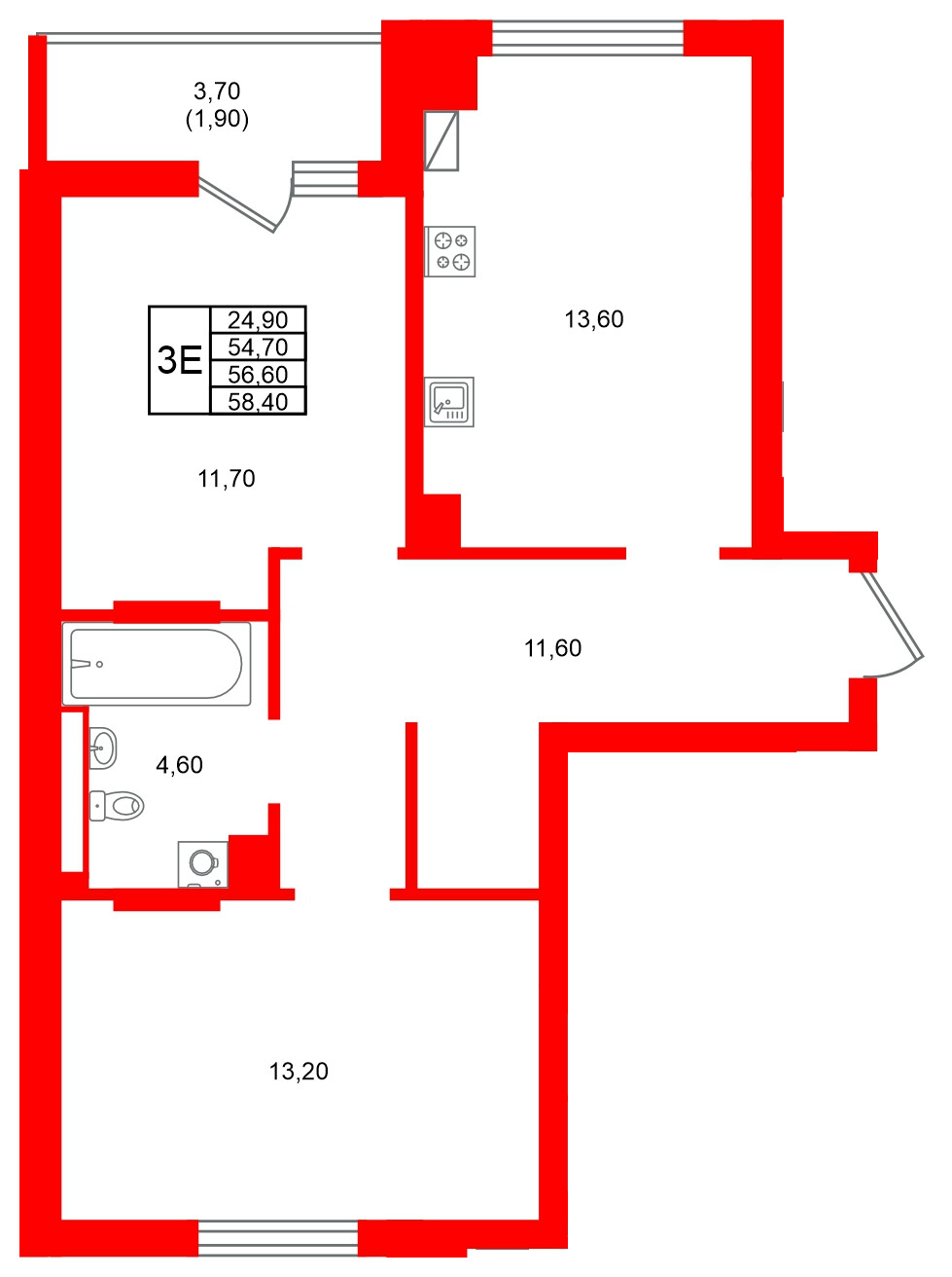 Квартира в ЖК Виридиан, 2 комнатная, 56.6 м², 3 этаж