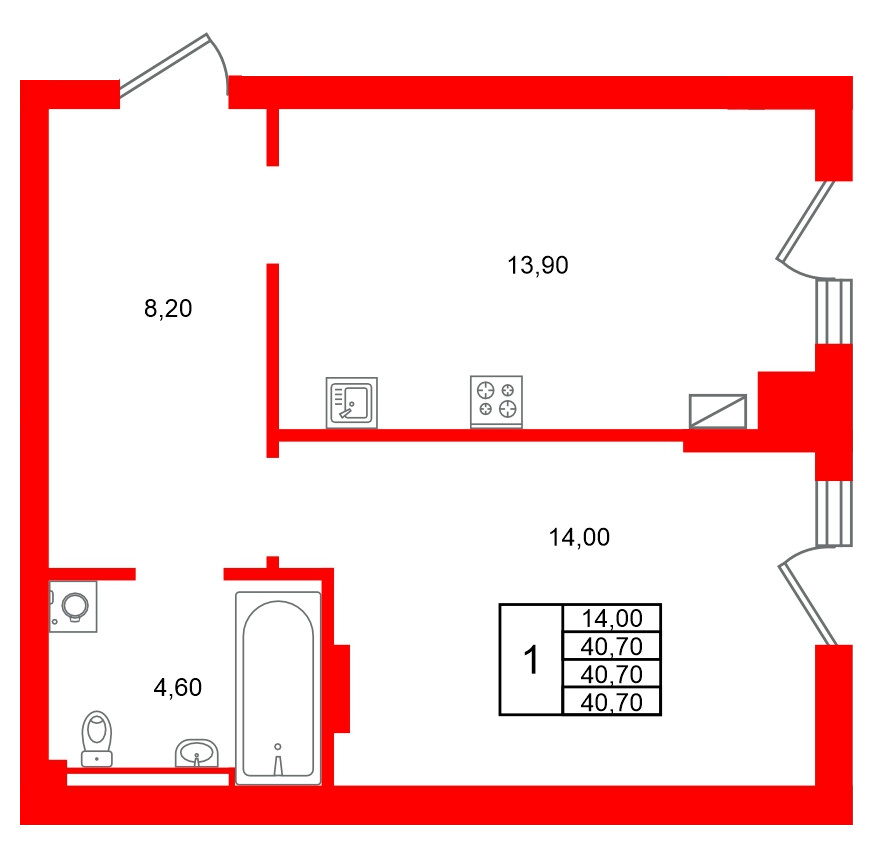Квартира в ЖК Виридиан, 1 комнатная, 40.7 м², 1 этаж