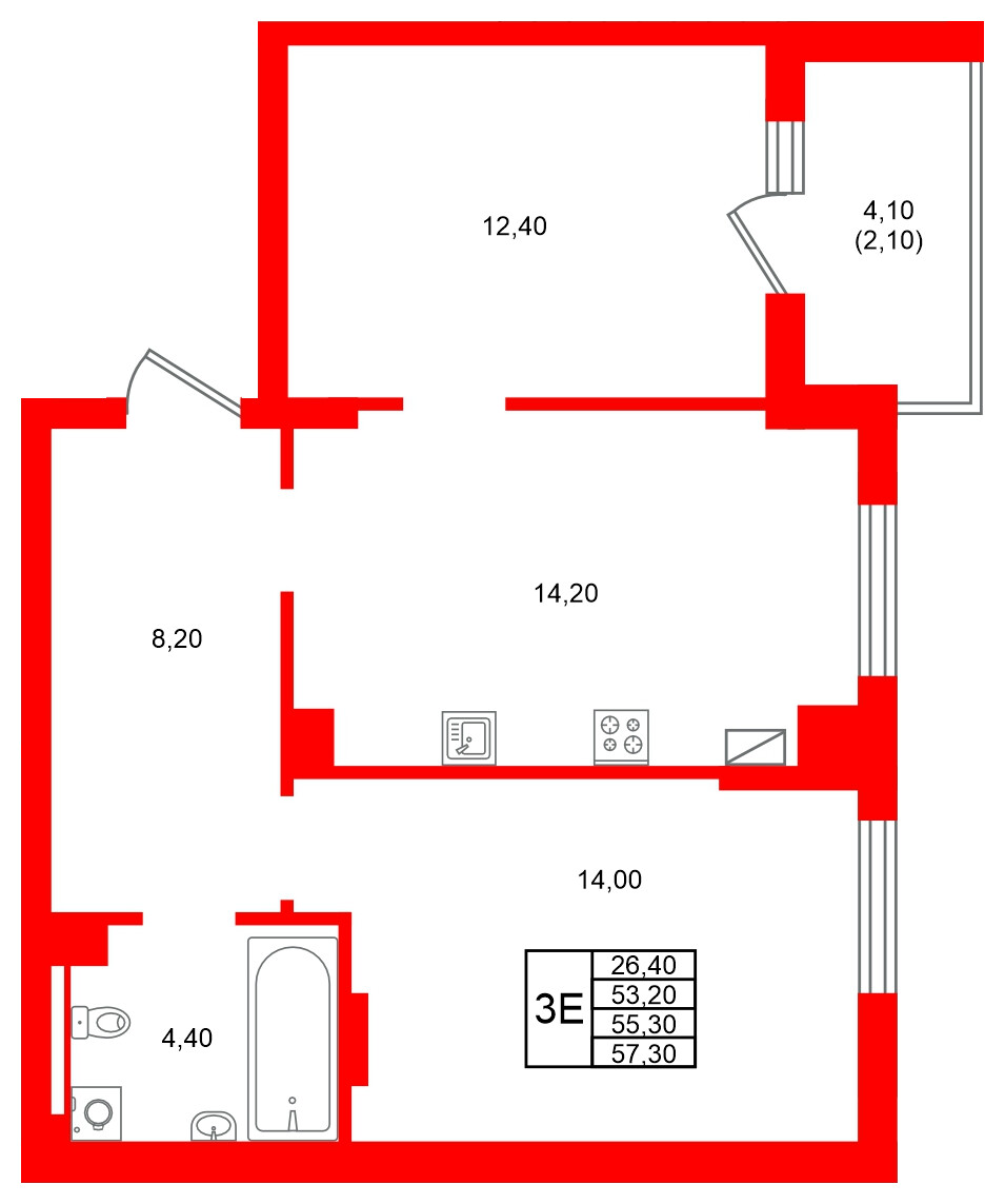 Квартира в ЖК Виридиан, 2 комнатная, 55.3 м², 4 этаж