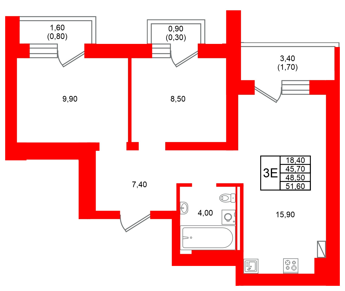 Квартира в ЖК Виридиан, 2 комнатная, 48.5 м², 3 этаж