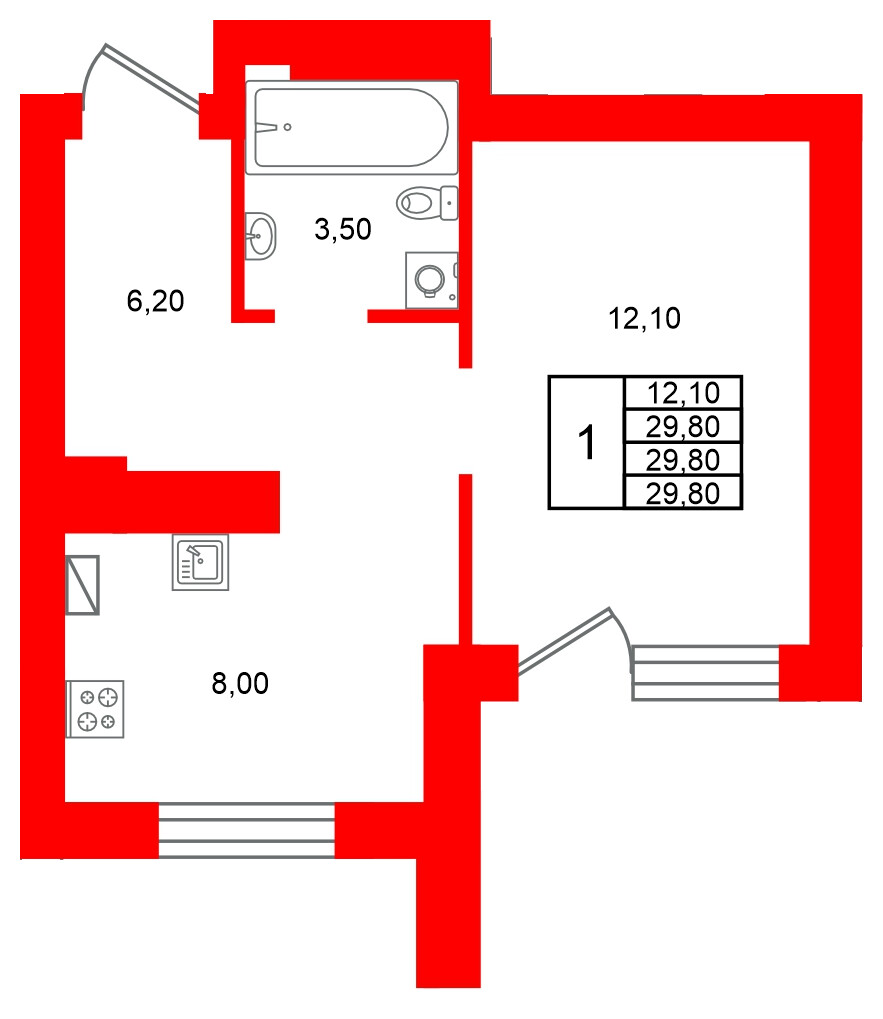 Квартира в ЖК Виридиан, 1 комнатная, 29.8 м², 1 этаж