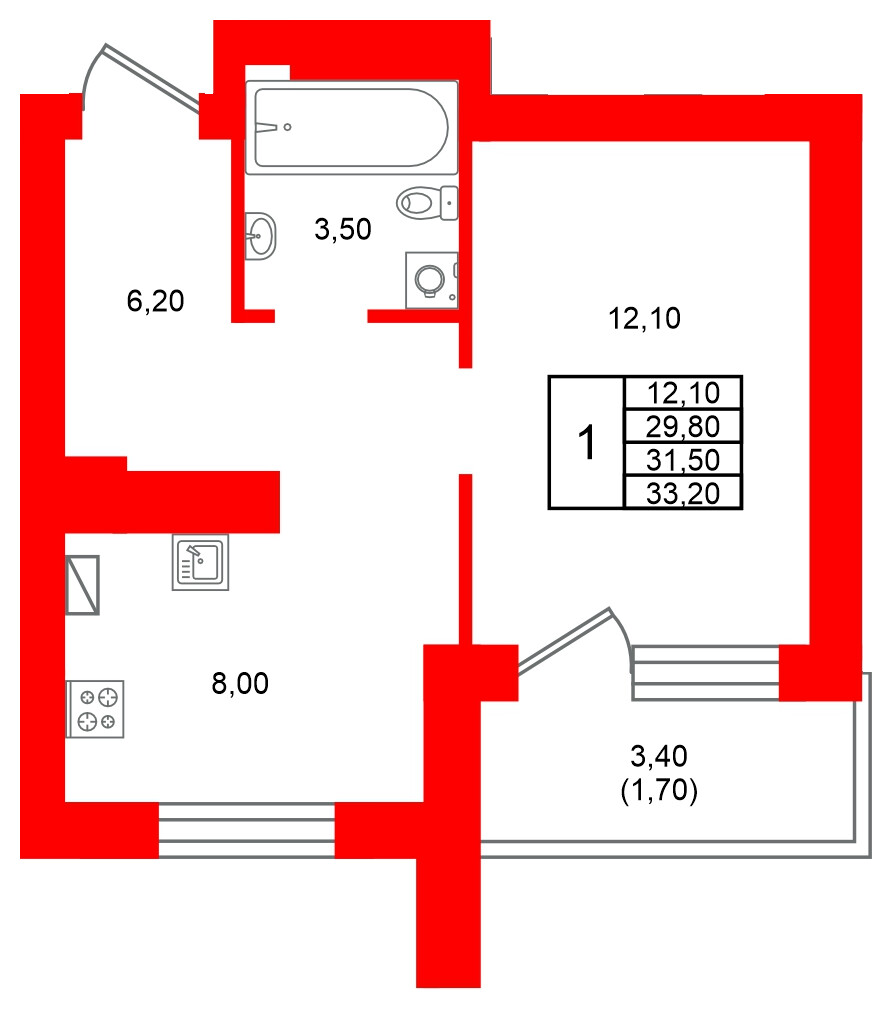 Квартира в ЖК Виридиан, 1 комнатная, 31.5 м², 2 этаж