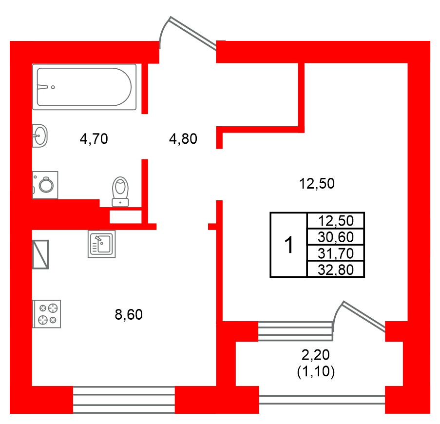 Квартира в ЖК Виридиан, 1 комнатная, 31.7 м², 2 этаж
