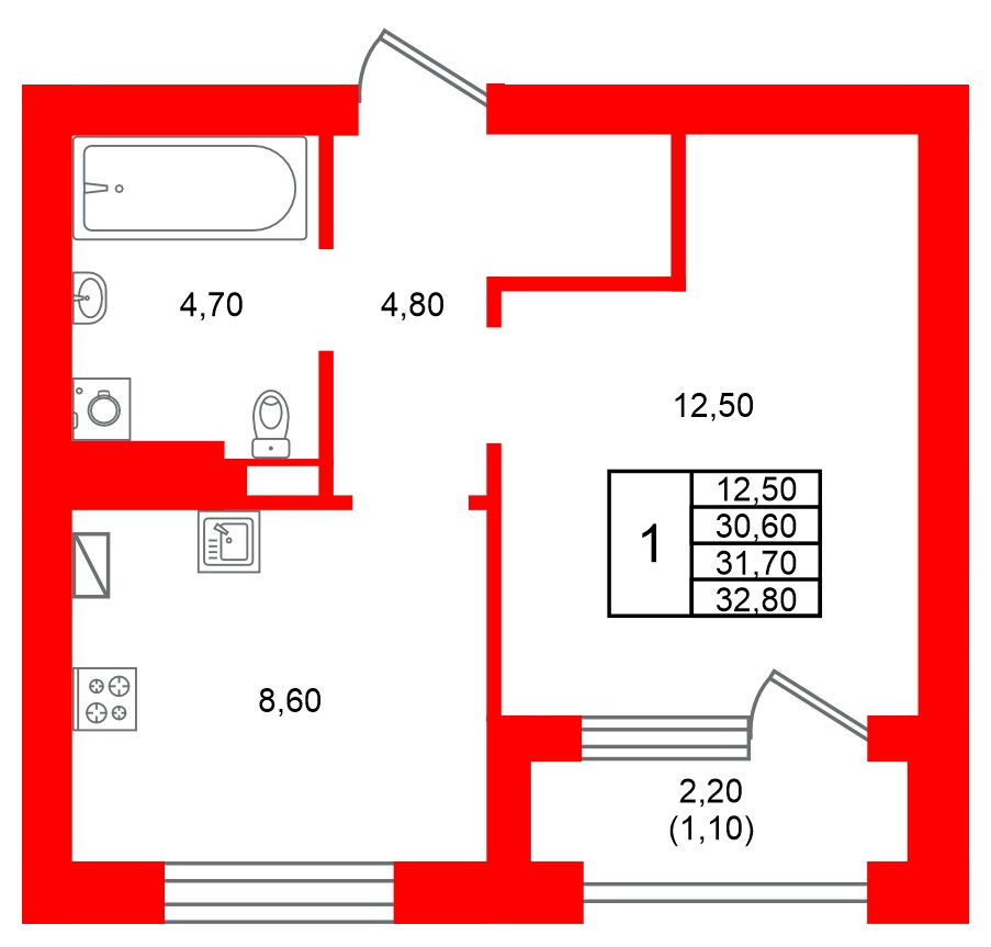 Квартира в ЖК Виридиан, 1 комнатная, 31.7 м², 3 этаж