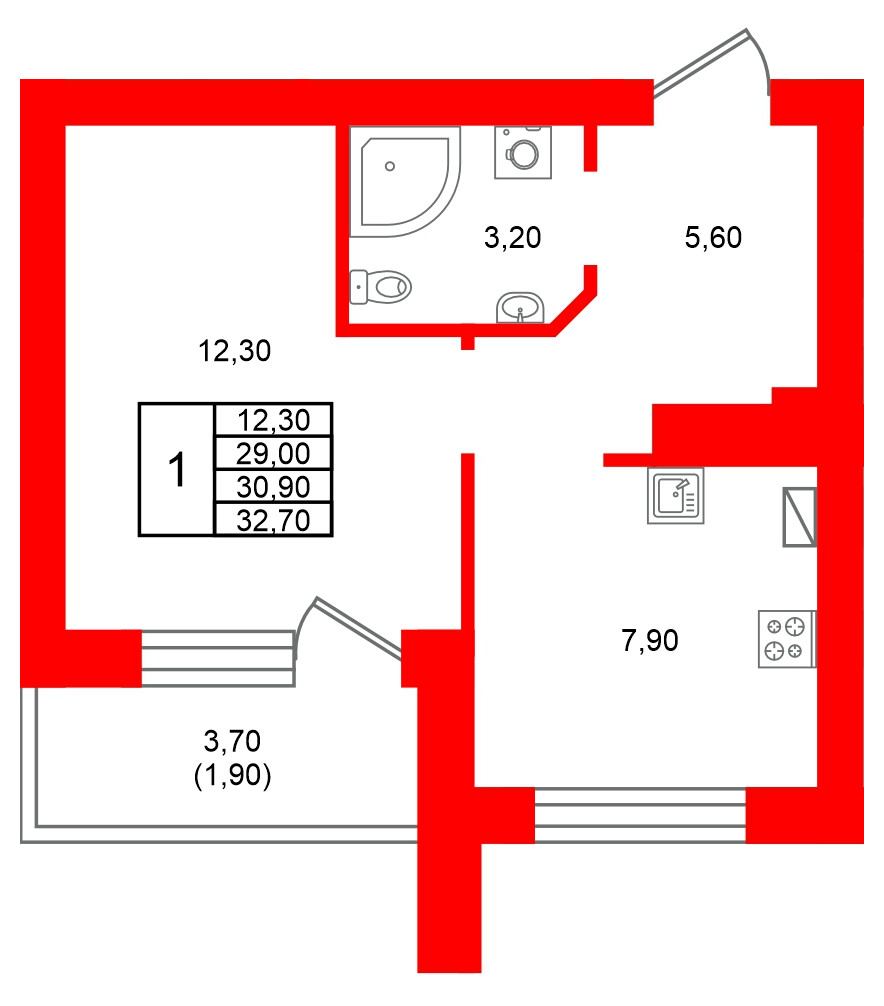 Квартира в ЖК Виридиан, 1 комнатная, 30.9 м², 3 этаж