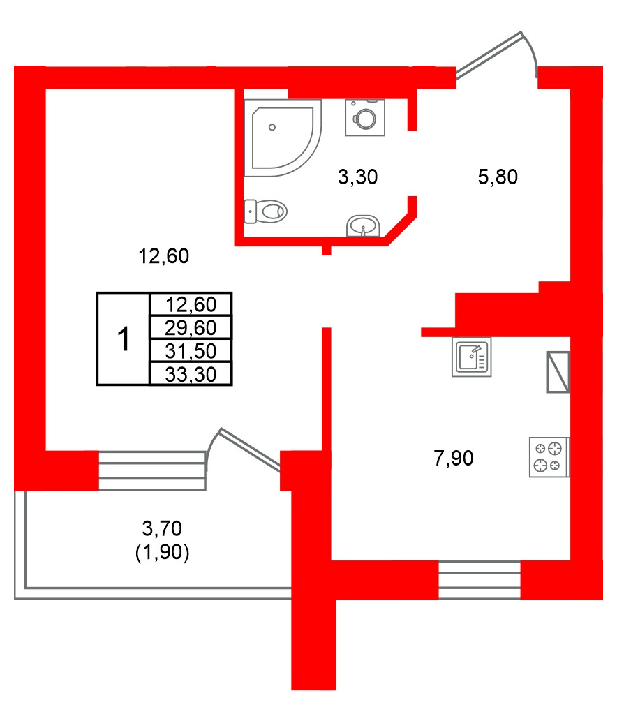 Квартира в ЖК Виридиан, 1 комнатная, 31.5 м², 4 этаж