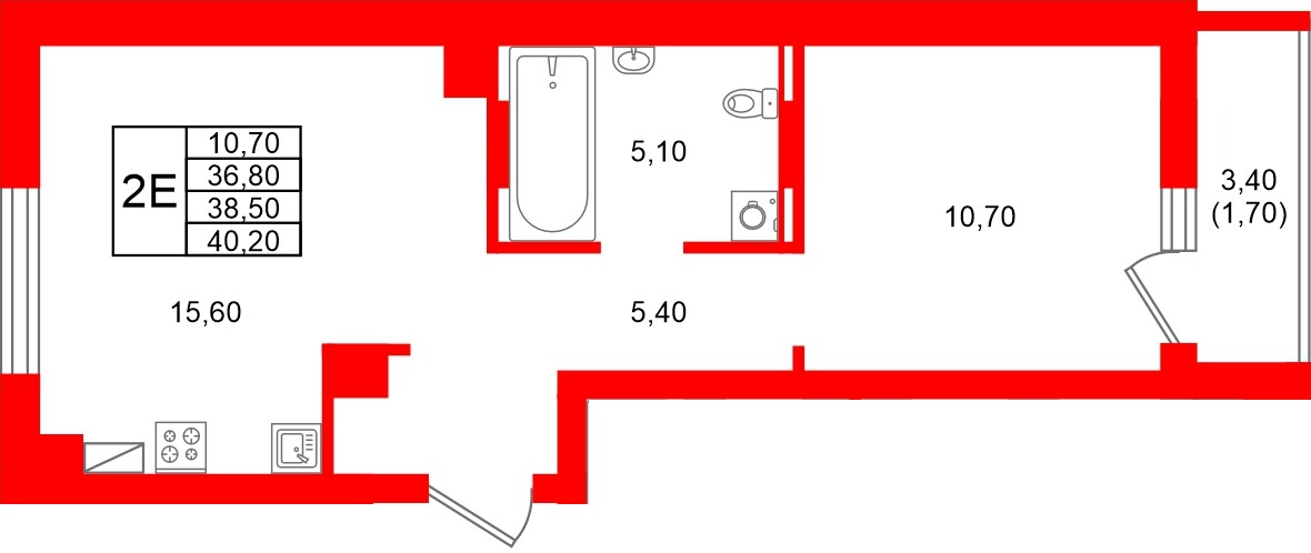 Квартира в ЖК Виридиан, 1 комнатная, 38.5 м², 2 этаж