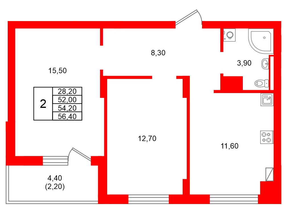 Квартира в ЖК Виридиан, 2 комнатная, 54.2 м², 3 этаж