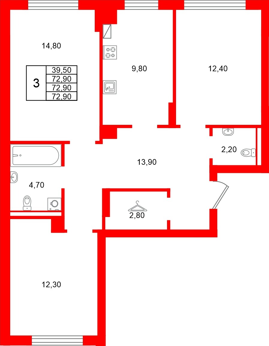 Квартира в ЖК «Виридиан», 3 комнатная, 72.9 м², 1 этаж