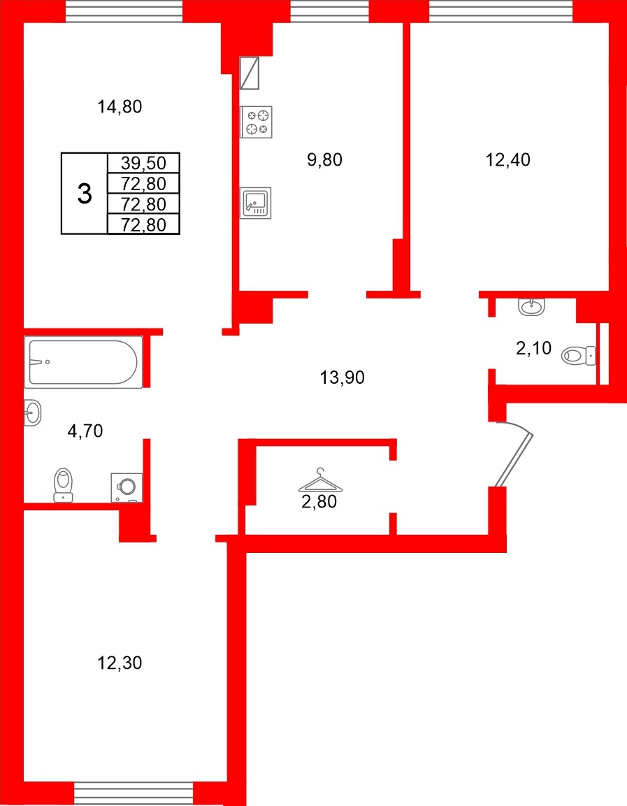 Квартира в ЖК «Виридиан», 3 комнатная, 72.8 м², 4 этаж