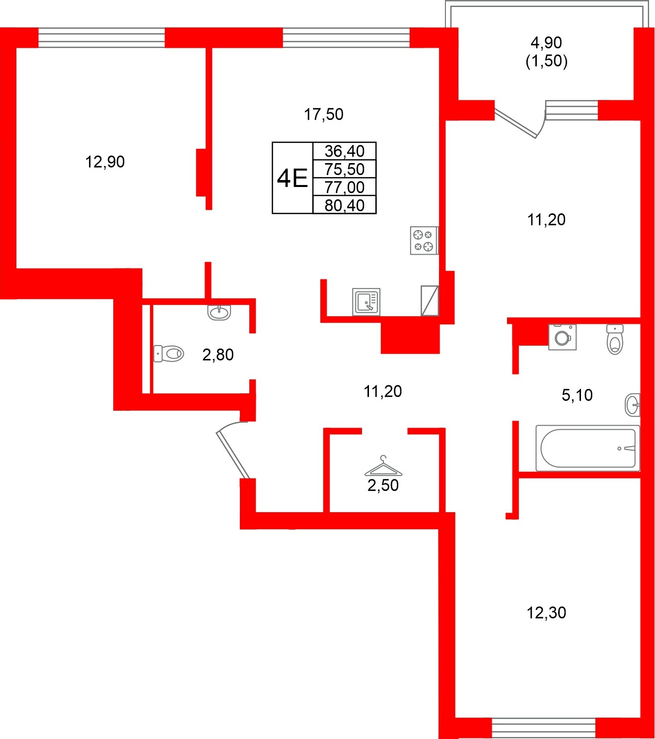 Квартира в ЖК Виридиан, 3 комнатная, 77 м², 2 этаж