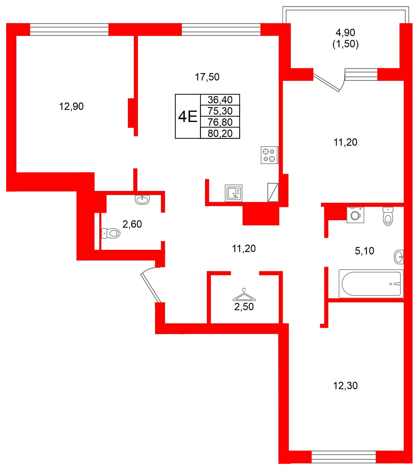 Квартира в ЖК Виридиан, 3 комнатная, 76.8 м², 4 этаж