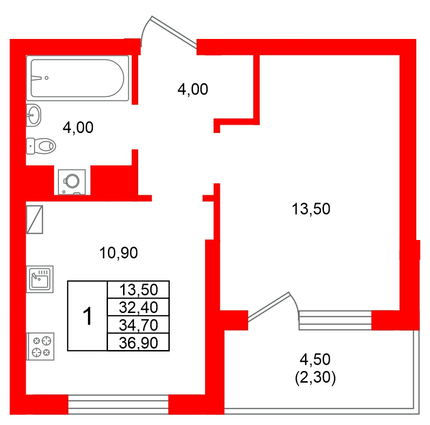 Квартира в ЖК Виридиан, 1 комнатная, 34.7 м², 2 этаж