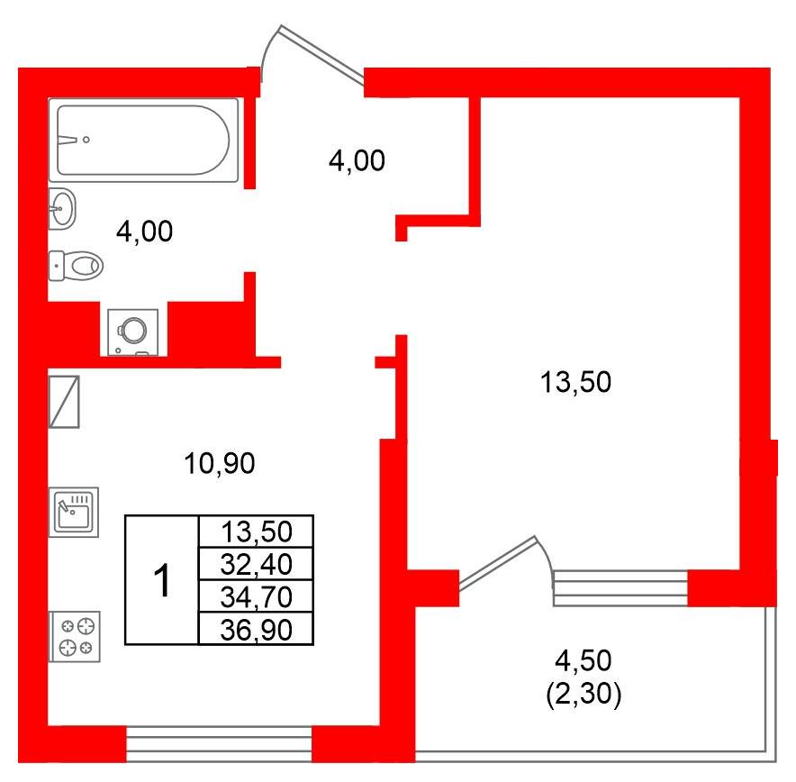 Квартира в ЖК Виридиан, 1 комнатная, 34.7 м², 3 этаж