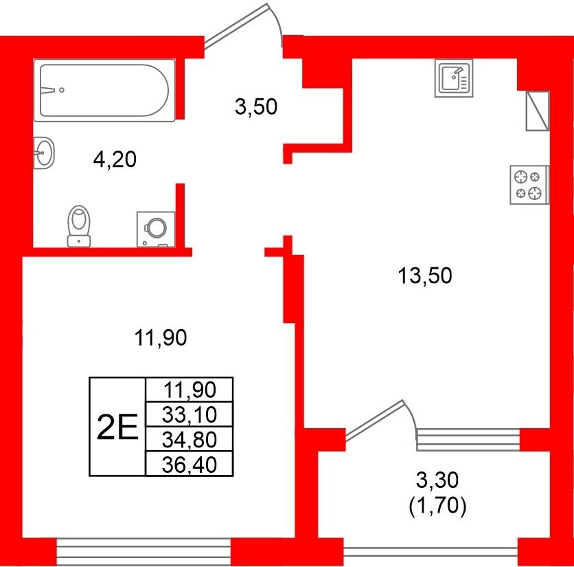 Квартира в ЖК Виридиан, 1 комнатная, 34.8 м², 2 этаж