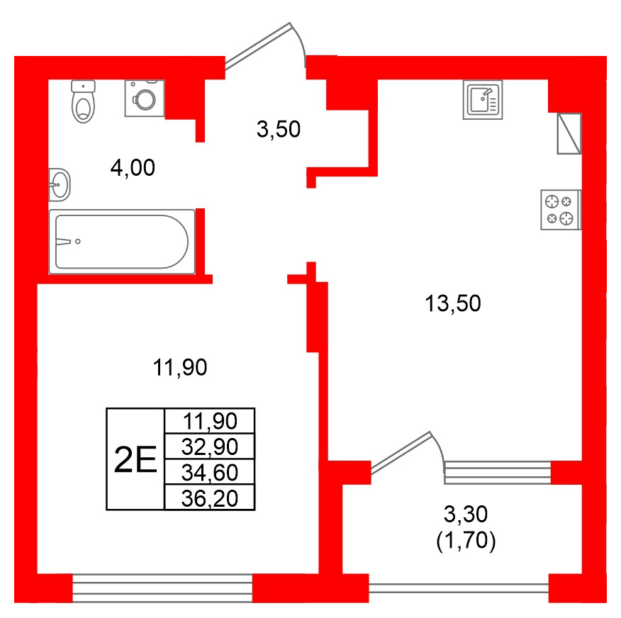 Квартира в ЖК Виридиан, 1 комнатная, 34.6 м², 3 этаж