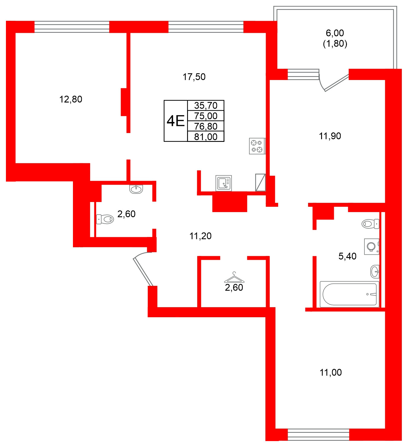 Квартира в ЖК Виридиан, 3 комнатная, 76.8 м², 2 этаж