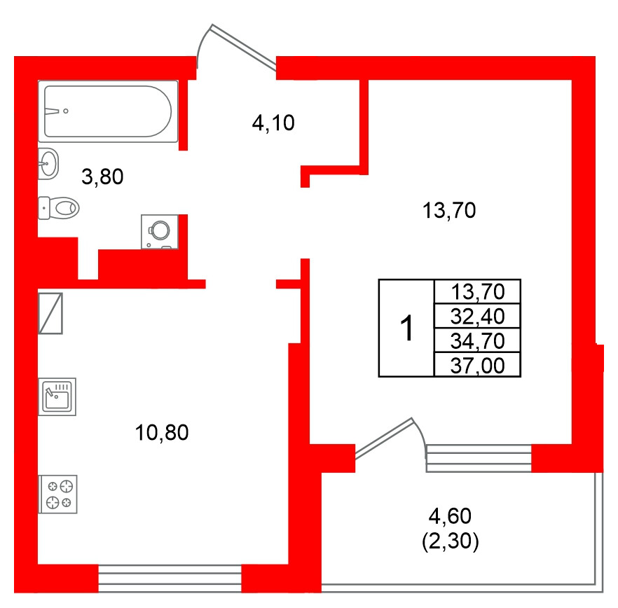 Квартира в ЖК Виридиан, 1 комнатная, 34.7 м², 3 этаж