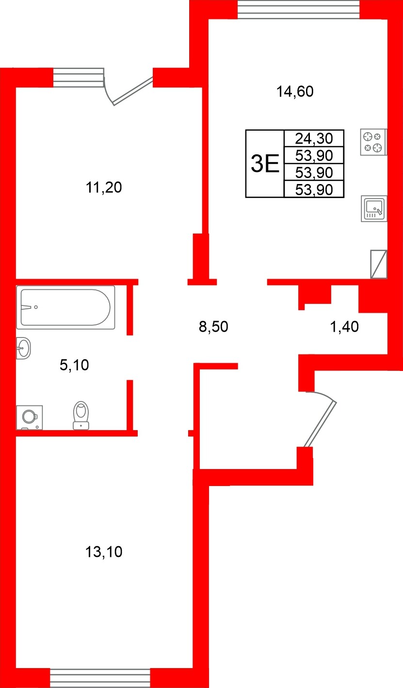 Квартира в ЖК Виридиан, 2 комнатная, 53.9 м², 1 этаж
