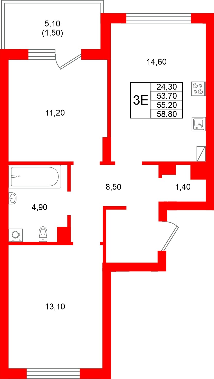 Квартира в ЖК Виридиан, 2 комнатная, 55.2 м², 2 этаж