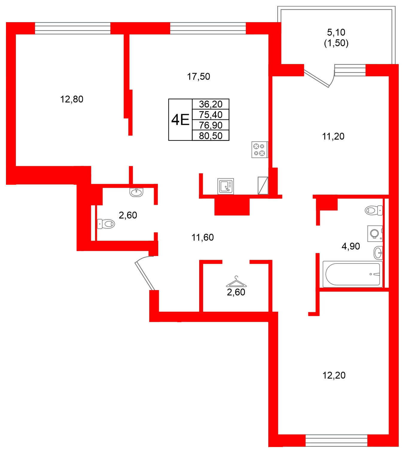 Квартира в ЖК Виридиан, 3 комнатная, 76.9 м², 2 этаж