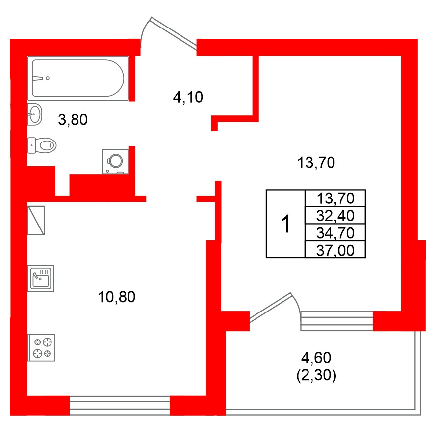 Квартира в ЖК Виридиан, 1 комнатная, 34.7 м², 2 этаж