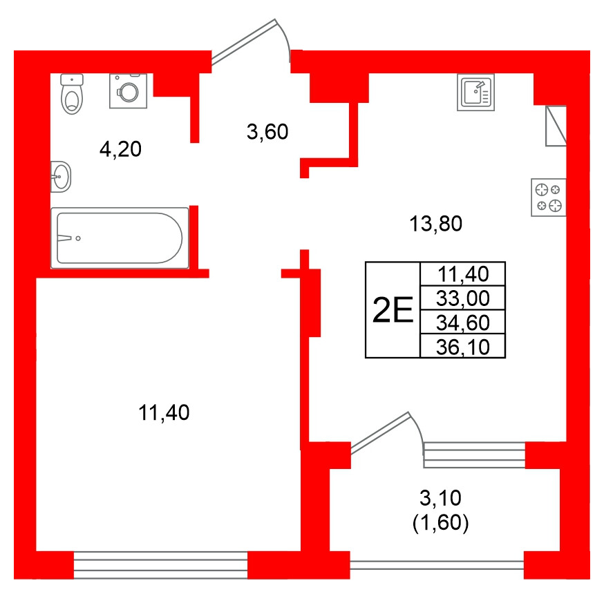 Квартира в ЖК Виридиан, 1 комнатная, 34.6 м², 3 этаж
