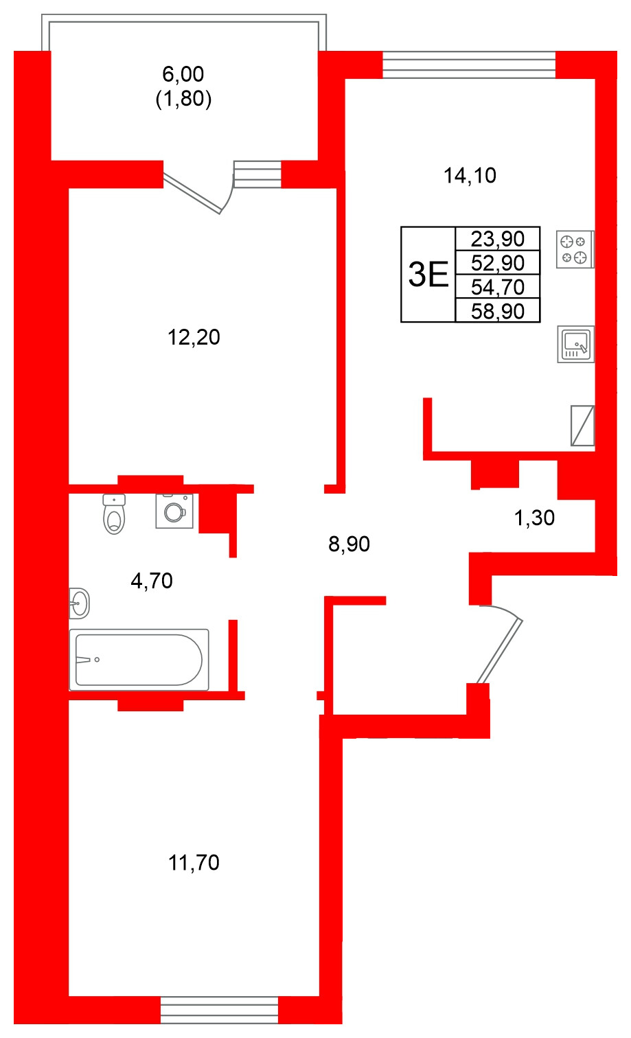 Квартира в ЖК Виридиан, 2 комнатная, 54.7 м², 3 этаж