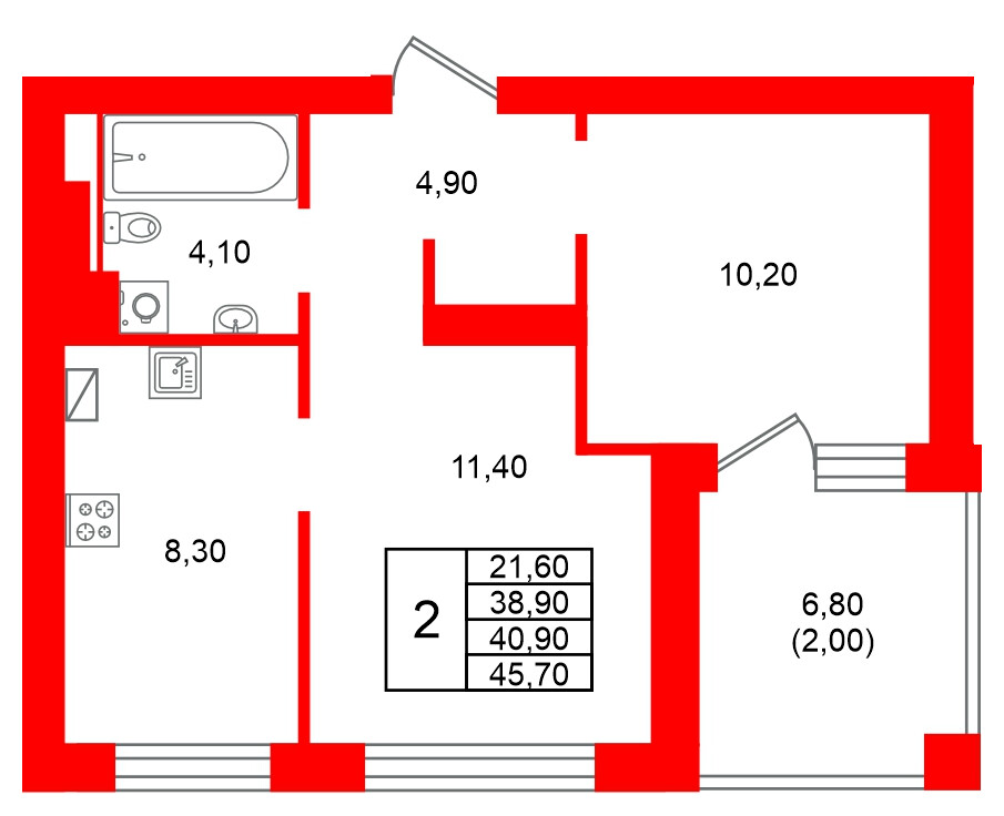 Квартира в ЖК Виридиан, 2 комнатная, 40.9 м², 2 этаж