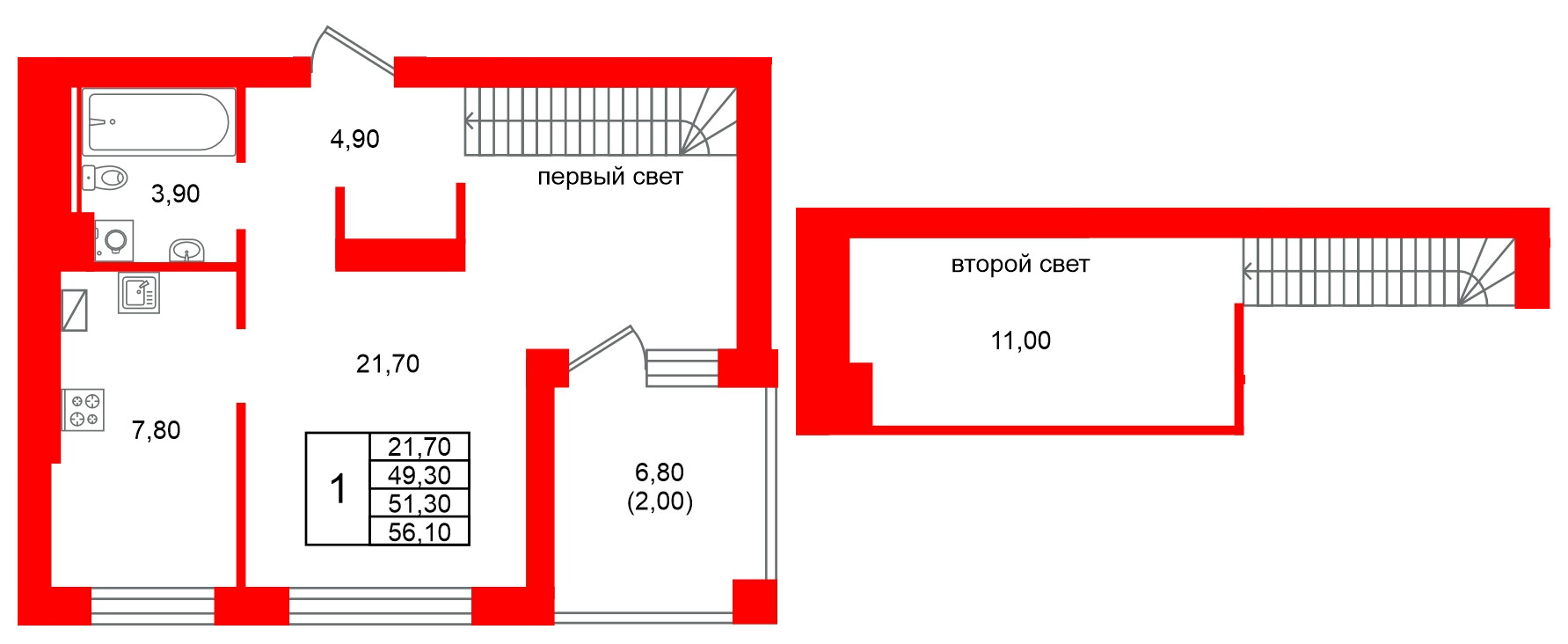 Квартира в ЖК Виридиан, 1 комнатная, 51.3 м², 4 этаж