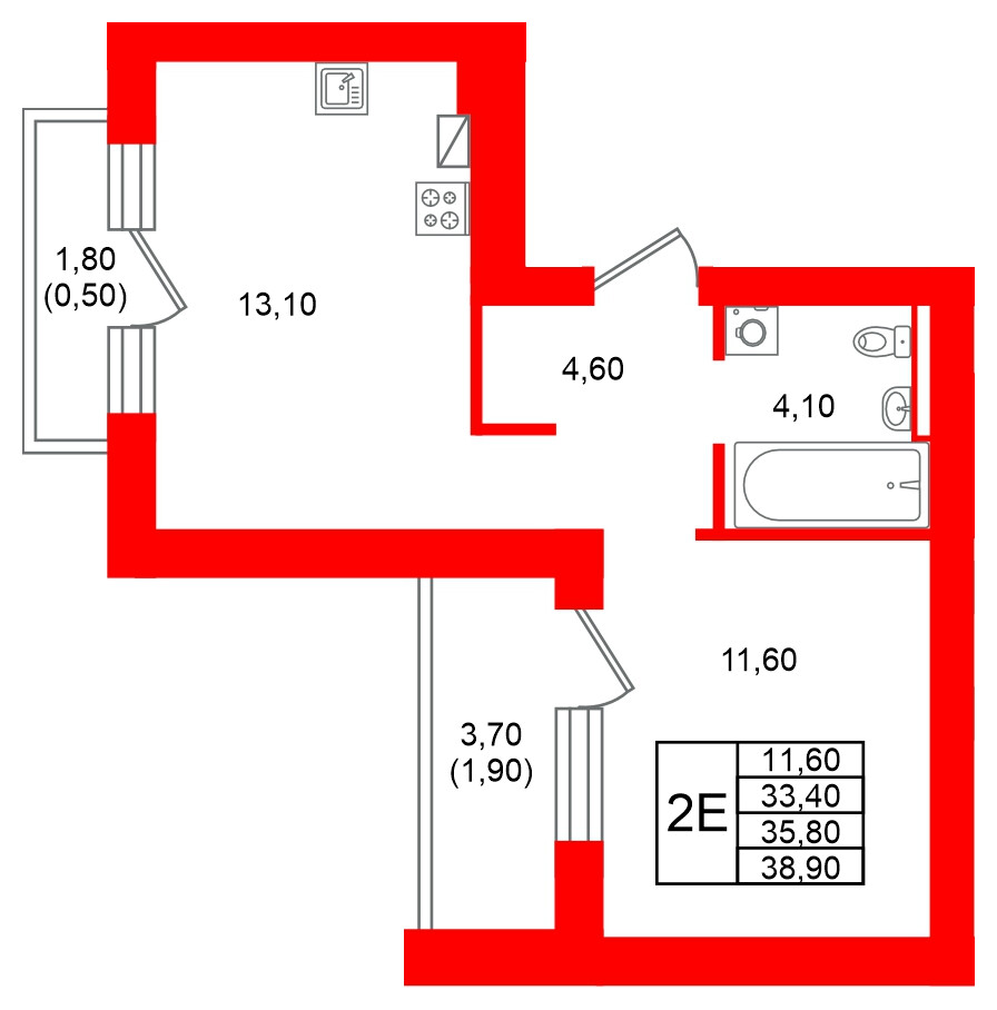 Квартира в ЖК Виридиан, 1 комнатная, 35.8 м², 2 этаж