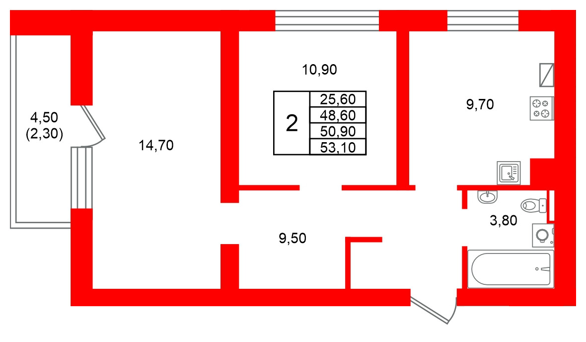 Квартира в ЖК Виридиан, 2 комнатная, 50.9 м², 3 этаж