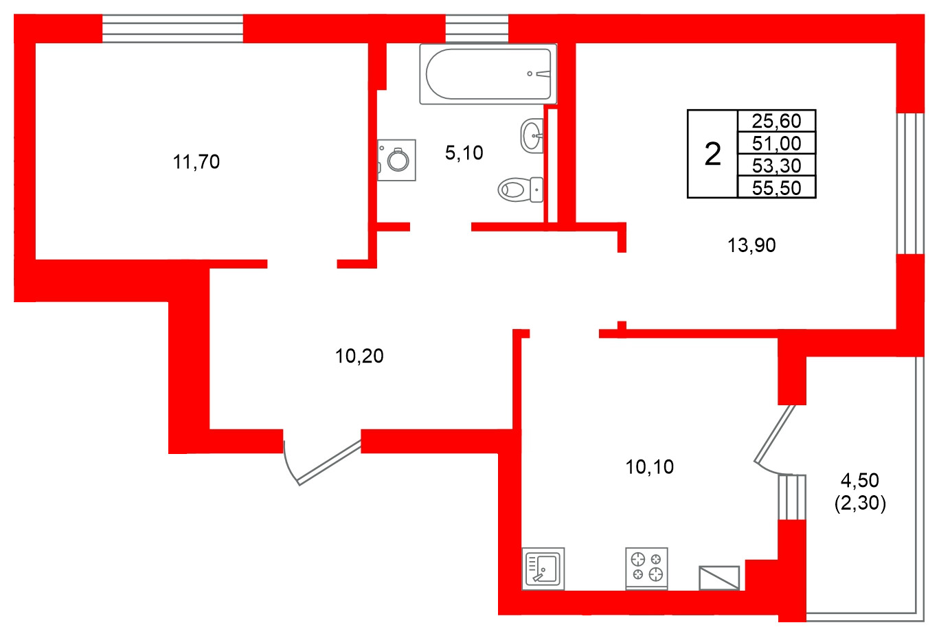 Квартира в ЖК Виридиан, 2 комнатная, 53.1 м², 3 этаж