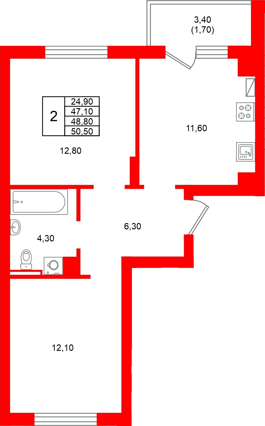 Квартира в ЖК Виридиан, 2 комнатная, 48.8 м², 4 этаж