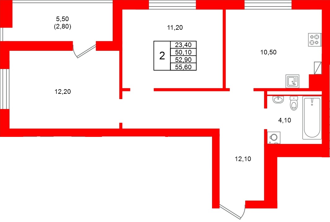 Квартира в ЖК «Виридиан», 2 комнатная, 52.9 м², 2 этаж
