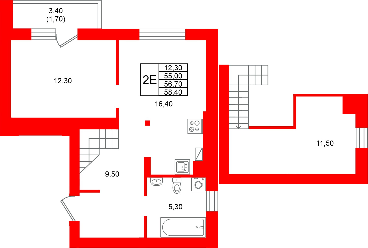 Квартира в ЖК Виридиан, 1 комнатная, 56.7 м², 4 этаж