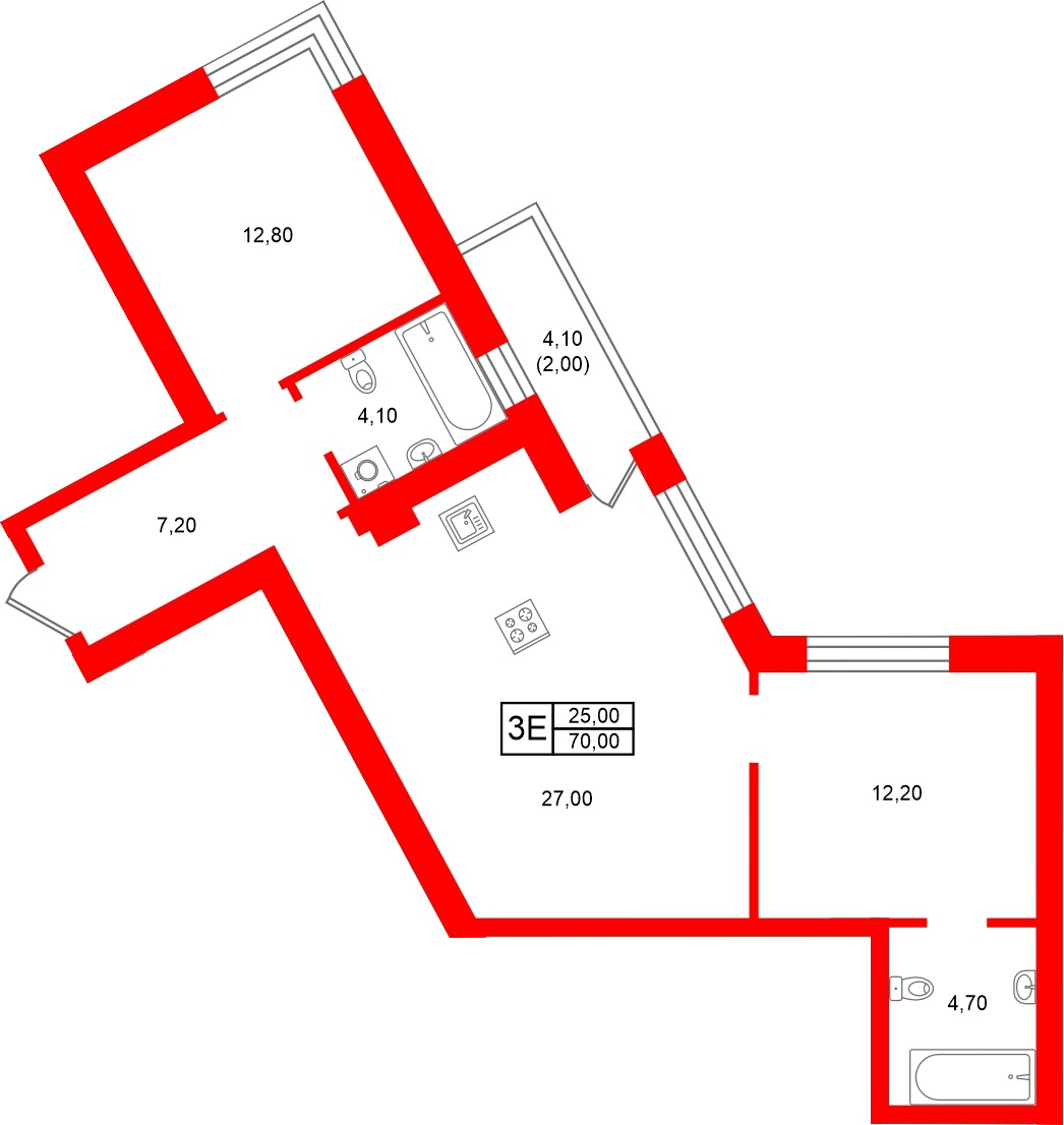 Квартира в ЖК «Морена», 2 комнатная, 70 м², 1 этаж